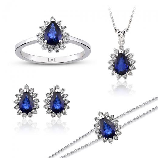 3.00 karat 4 lü Pırlanta Safir Set Yüzük Kolye Küpe Bileklik